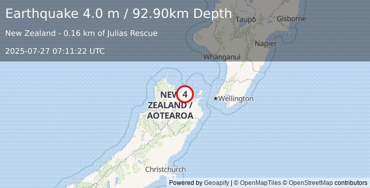 Earthquake SOUTH ISLAND OF NEW ZEALAND (4.0 m) (2025-07-27 07:11:22 UTC)