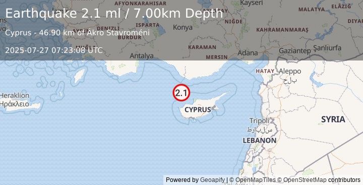 Earthquake CYPRUS REGION (2.1 ml) (2025-07-27 07:23:08 UTC)