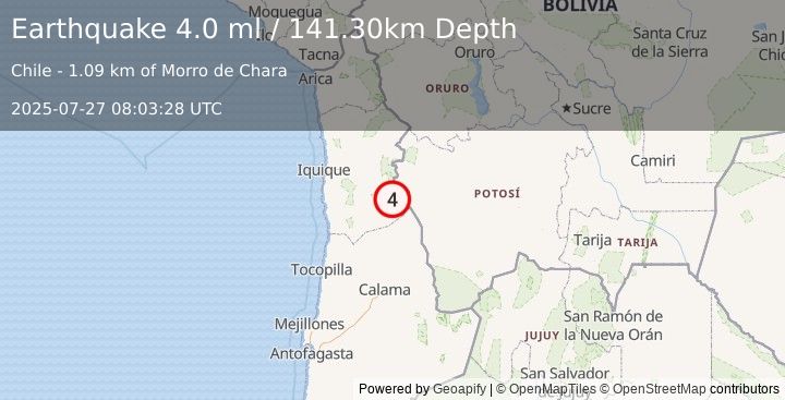 Earthquake TARAPACA, CHILE (4.2 ml) (2025-07-27 08:03:30 UTC)