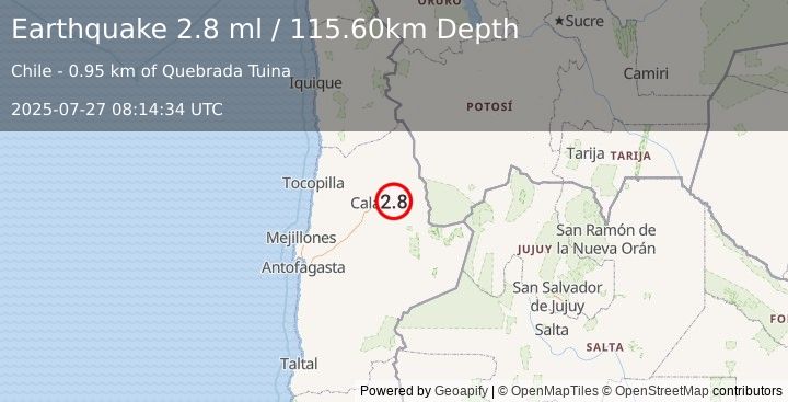 Earthquake ANTOFAGASTA, CHILE (2.8 ml) (2025-07-27 08:14:34 UTC)