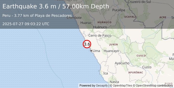 Earthquake NEAR COAST OF CENTRAL PERU (3.6 m) (2025-07-27 09:03:22 UTC)
