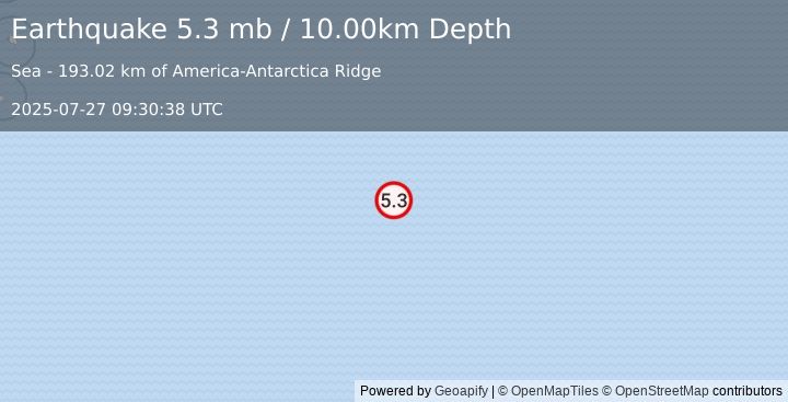 Earthquake EAST OF SOUTH SANDWICH ISLANDS (5.2 mb) (2025-07-27 09:30:37 UTC)
