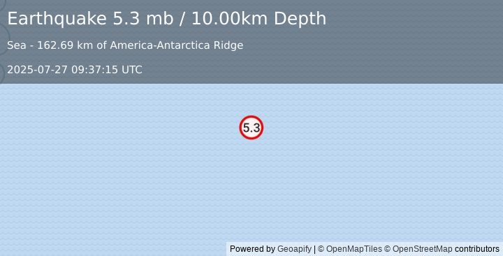 Earthquake EAST OF SOUTH SANDWICH ISLANDS (5.2 mb) (2025-07-27 09:37:14 UTC)