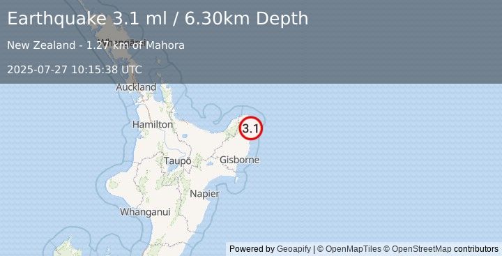 Earthquake OFF E. COAST OF N. ISLAND, N.Z. (3.1 ml) (2025-07-27 10:15:38 UTC)