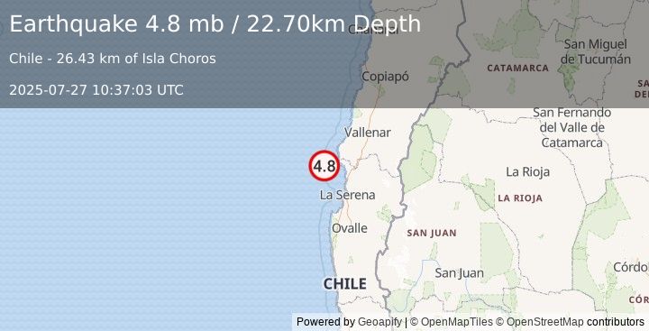 Earthquake OFFSHORE COQUIMBO, CHILE (4.8 mb) (2025-07-27 10:37:03 UTC)