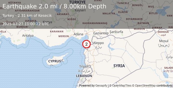 Earthquake TURKEY-SYRIA BORDER REGION (2.0 ml) (2025-07-27 11:00:22 UTC)