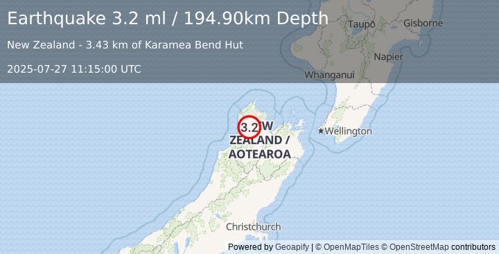 Earthquake SOUTH ISLAND OF NEW ZEALAND (3.2 ml) (2025-07-27 11:15:00 UTC)