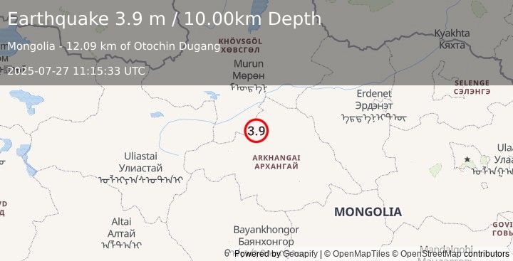 Earthquake CENTRAL MONGOLIA (3.9 m) (2025-07-27 11:15:33 UTC)