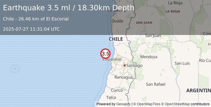Earthquake OFFSHORE VALPARAISO, CHILE (3.5 ml) (2025-07-27 11:31:04 UTC)