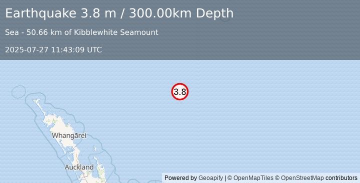 Earthquake SOUTH OF KERMADEC ISLANDS (3.8 m) (2025-07-27 11:43:09 UTC)