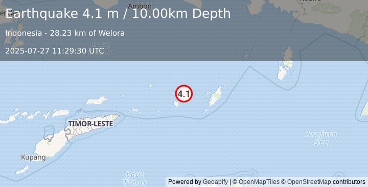 Earthquake KEP. TANIMBAR REGION, INDONESIA (4.1 m) (2025-07-27 11:29:30 UTC)