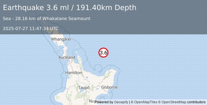 Earthquake OFF E. COAST OF N. ISLAND, N.Z. (3.6 ml) (2025-07-27 11:47:34 UTC)