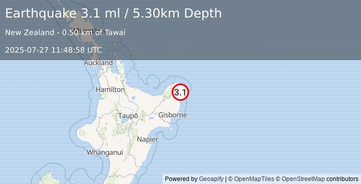 Earthquake OFF E. COAST OF N. ISLAND, N.Z. (3.1 ml) (2025-07-27 11:48:58 UTC)