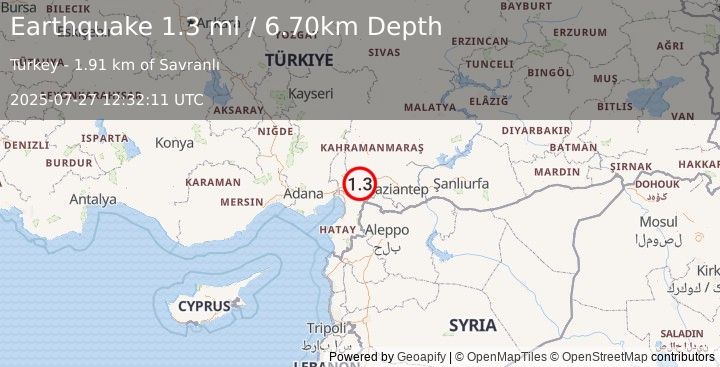 Earthquake CENTRAL TURKEY (1.3 ml) (2025-07-27 12:32:11 UTC)