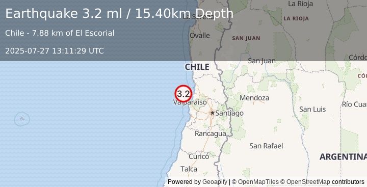 Earthquake OFFSHORE VALPARAISO, CHILE (3.2 ml) (2025-07-27 13:11:29 UTC)