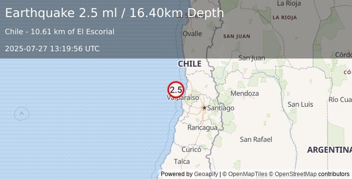 Earthquake OFFSHORE VALPARAISO, CHILE (2.5 ml) (2025-07-27 13:19:56 UTC)