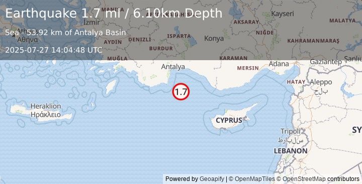 Earthquake CYPRUS REGION (1.7 ml) (2025-07-27 14:04:48 UTC)