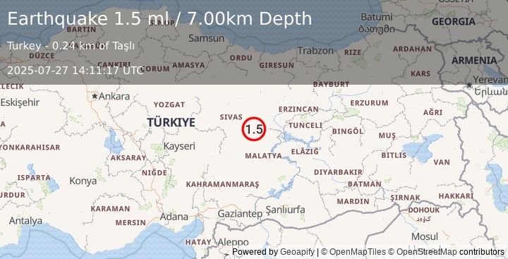 Earthquake CENTRAL TURKEY (1.5 ml) (2025-07-27 14:11:17 UTC)
