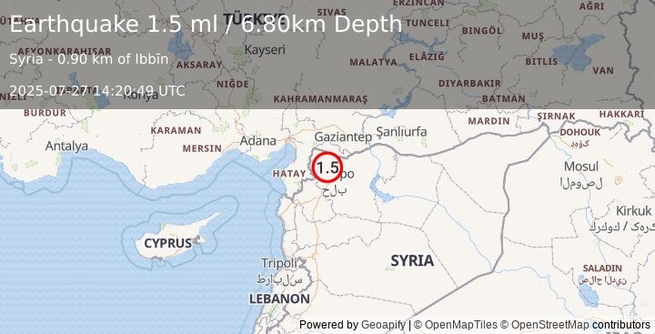 Earthquake TURKEY-SYRIA BORDER REGION (1.5 ml) (2025-07-27 14:20:49 UTC)