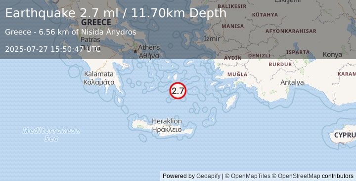 Earthquake DODECANESE ISLANDS, GREECE (2.7 ml) (2025-07-27 15:50:47 UTC)