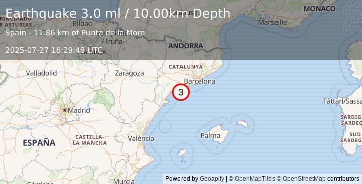 Earthquake BALEARIC ISLANDS, SPAIN (2.9 ml) (2025-07-27 16:29:46 UTC)