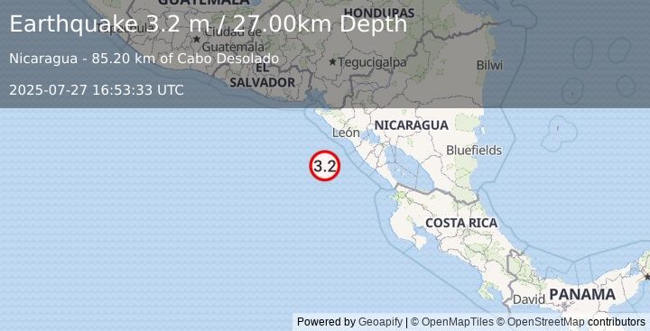 Earthquake NEAR COAST OF NICARAGUA (3.2 m) (2025-07-27 16:53:33 UTC)