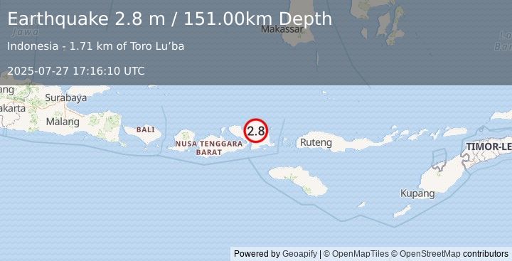 Earthquake SUMBAWA REGION, INDONESIA (2.8 m) (2025-07-27 17:16:10 UTC)