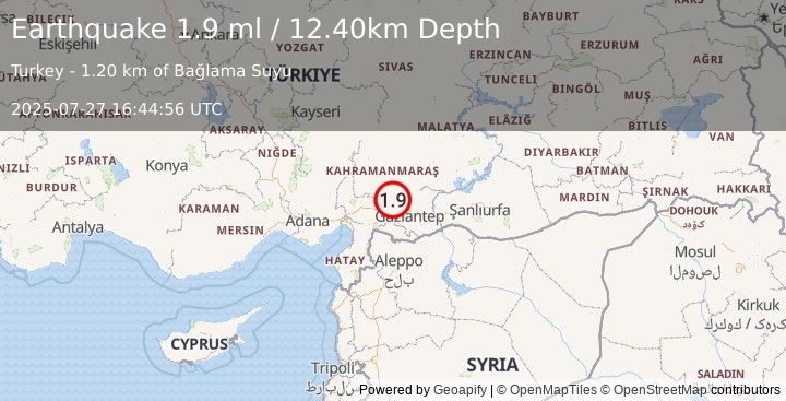 Earthquake CENTRAL TURKEY (1.9 ml) (2025-07-27 16:44:56 UTC)