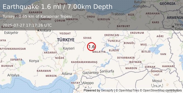 Earthquake CENTRAL TURKEY (1.6 ml) (2025-07-27 17:17:26 UTC)