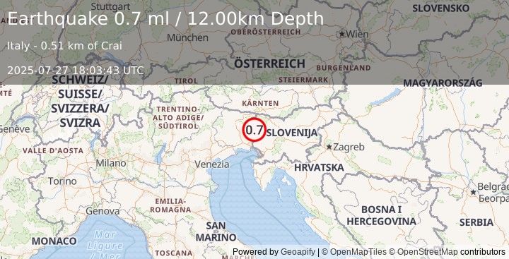 Earthquake NORTHERN ITALY (0.7 ml) (2025-07-27 18:03:43 UTC)