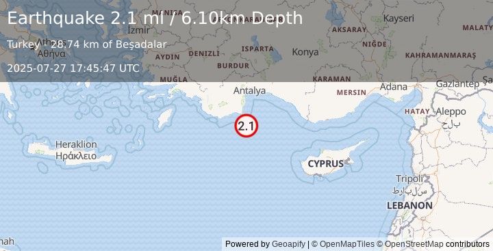 Earthquake EASTERN MEDITERRANEAN SEA (2.1 ml) (2025-07-27 17:45:47 UTC)