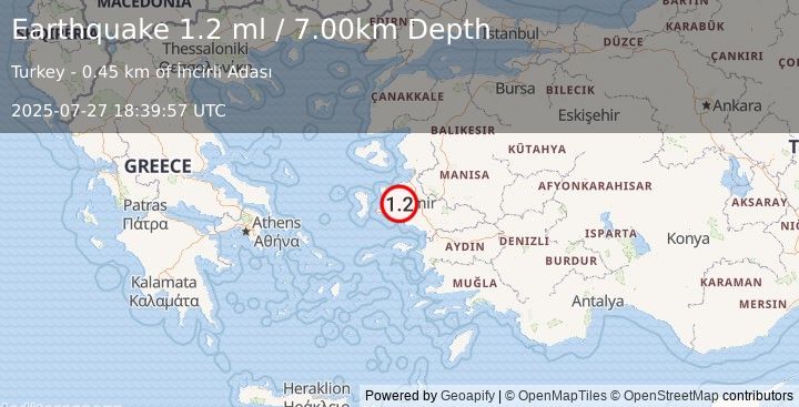 Earthquake NEAR THE COAST OF WESTERN TURKEY (1.2 ml) (2025-07-27 18:39:57 UTC)