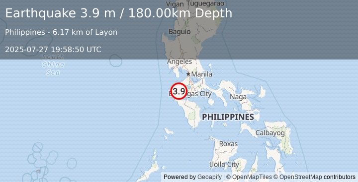 Earthquake MINDORO, PHILIPPINES (3.9 m) (2025-07-27 19:58:50 UTC)