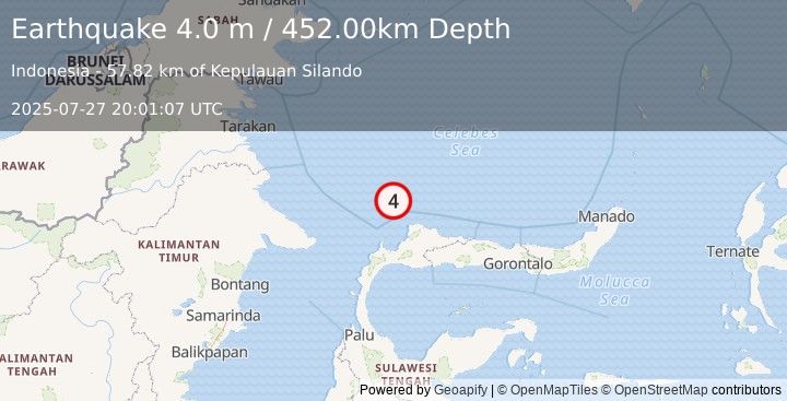 Earthquake MINAHASA, SULAWESI, INDONESIA (4.0 m) (2025-07-27 20:01:07 UTC)