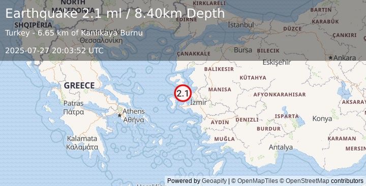 Earthquake NEAR THE COAST OF WESTERN TURKEY (2.1 ml) (2025-07-27 20:03:52 UTC)