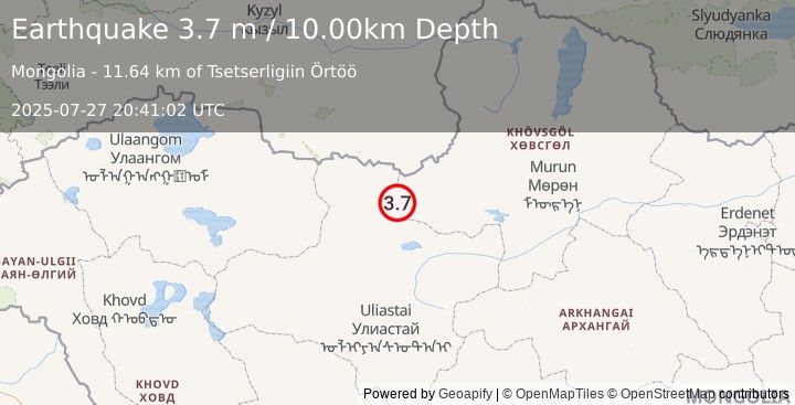 Earthquake RUSSIA-MONGOLIA BORDER REGION (3.7 m) (2025-07-27 20:41:02 UTC)