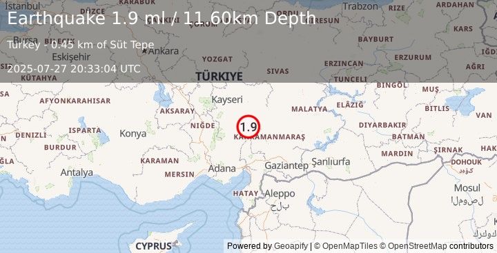 Earthquake CENTRAL TURKEY (1.9 ml) (2025-07-27 20:33:04 UTC)
