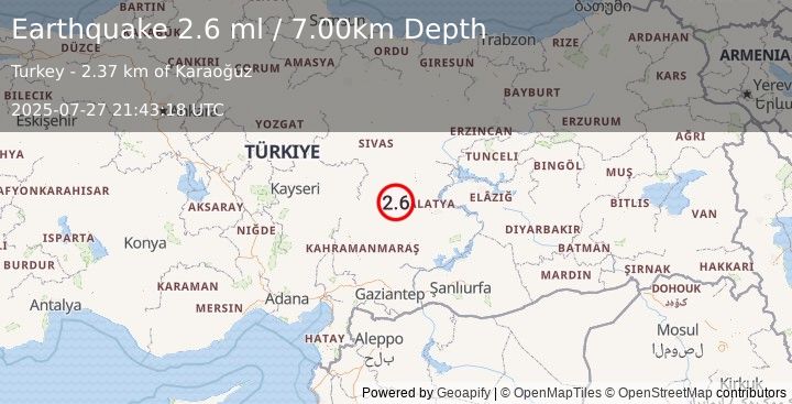 Earthquake CENTRAL TURKEY (2.6 ml) (2025-07-27 21:43:19 UTC)