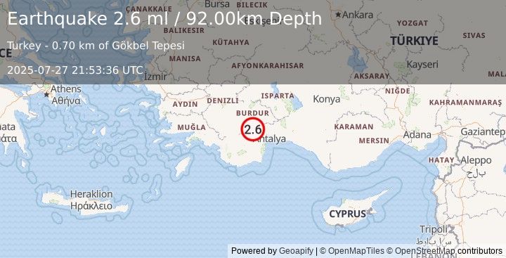 Earthquake WESTERN TURKEY (2.6 ml) (2025-07-27 21:53:35 UTC)