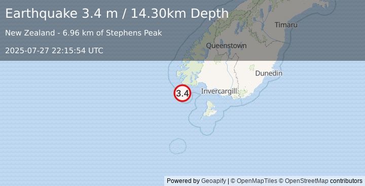 Earthquake OFF W. COAST OF S. ISLAND, N.Z. (3.4 m) (2025-07-27 22:15:54 UTC)