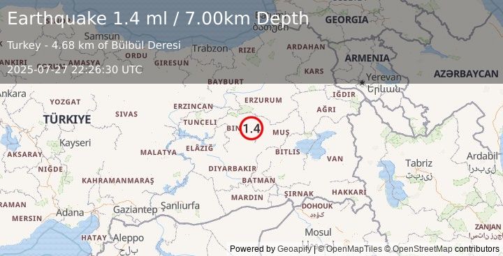 Earthquake EASTERN TURKEY (1.4 ml) (2025-07-27 22:26:30 UTC)