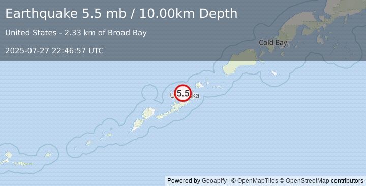 Earthquake FOX ISLANDS, ALEUTIAN ISLANDS (5.4 mw) (2025-07-27 22:47:05 UTC)