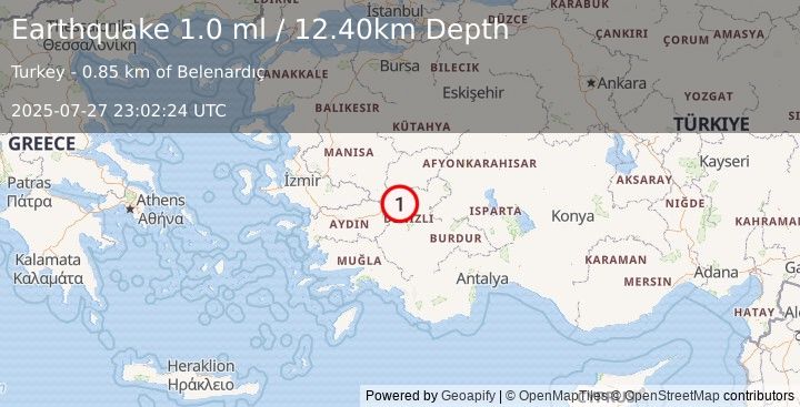 Earthquake WESTERN TURKEY (1.0 ml) (2025-07-27 23:02:24 UTC)