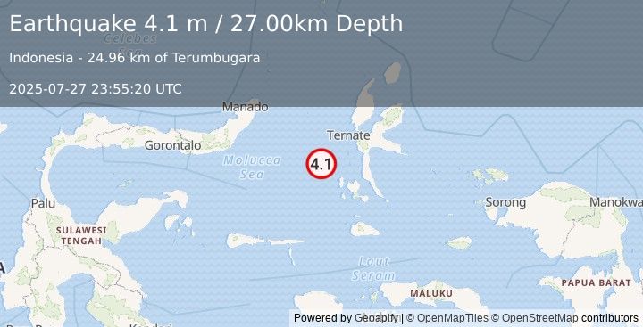 Earthquake MOLUCCA SEA (4.1 m) (2025-07-27 23:55:20 UTC)