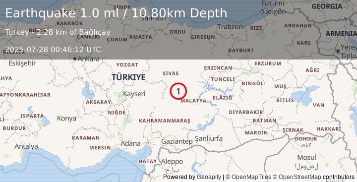 Earthquake CENTRAL TURKEY (1.0 ml) (2025-07-28 00:46:12 UTC)
