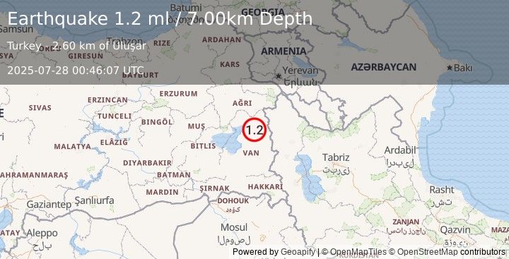 Earthquake EASTERN TURKEY (1.2 ml) (2025-07-28 00:46:07 UTC)