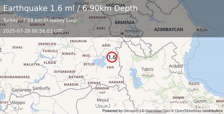 Earthquake EASTERN TURKEY (1.6 ml) (2025-07-28 00:58:03 UTC)