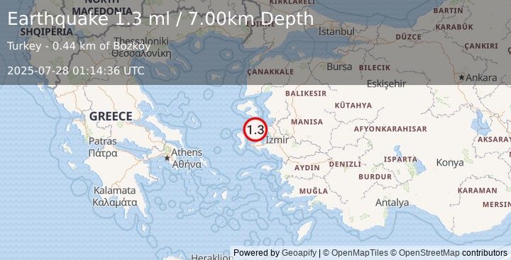 Earthquake NEAR THE COAST OF WESTERN TURKEY (1.3 ml) (2025-07-28 01:14:36 UTC)