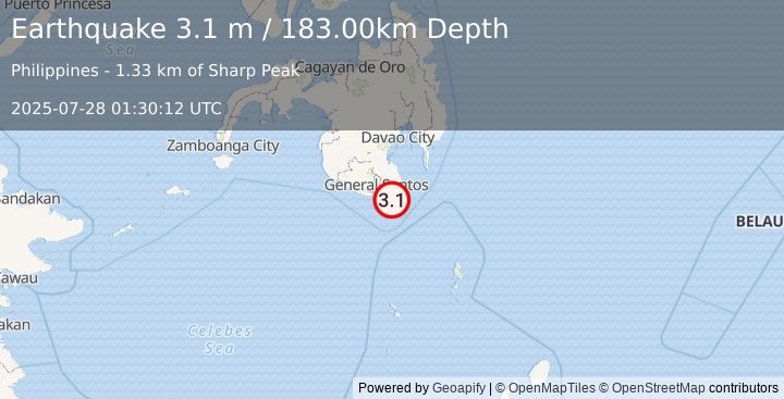 Earthquake MINDANAO, PHILIPPINES (3.1 m) (2025-07-28 01:30:12 UTC)