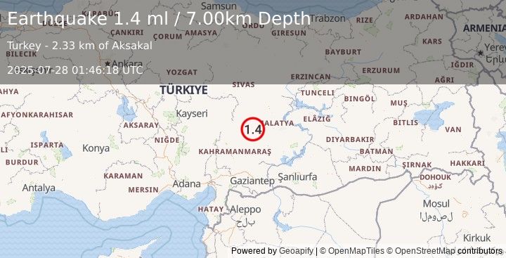 Earthquake CENTRAL TURKEY (1.4 ml) (2025-07-28 01:46:18 UTC)